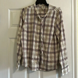 St Johns Bay Long Sleeve Top Button Up Beige with Red Plaid Size Medium